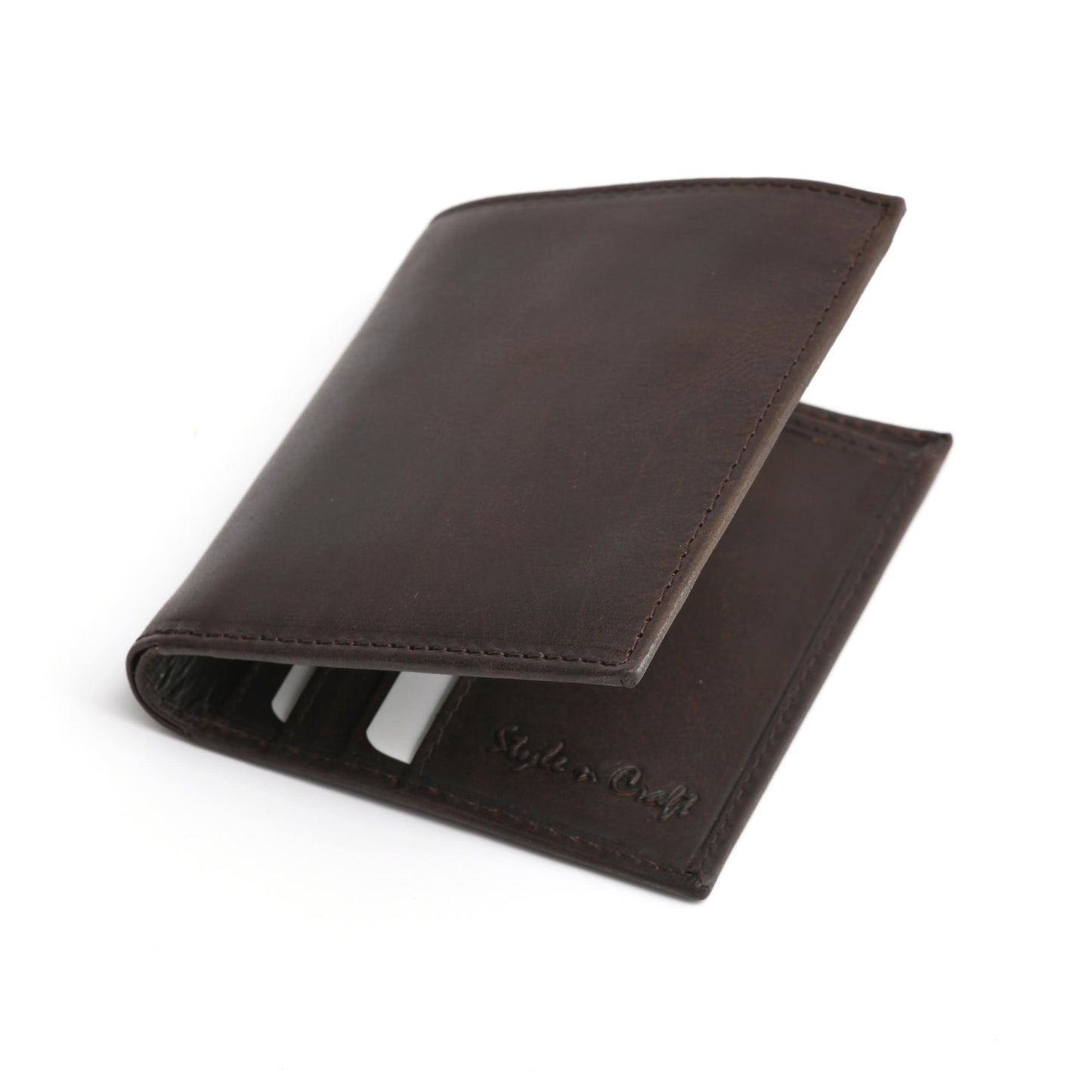 Style n Craft 391002 Slim Bifold Hipster Leather Wallet in Dark Brown Color - Closed Angled View Front