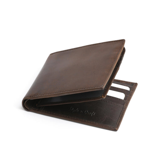 Style n Craft 391004 Bi-Fold PassCase Wallet with Flap in Dark Brown Top Grain Leather - Closed View Front