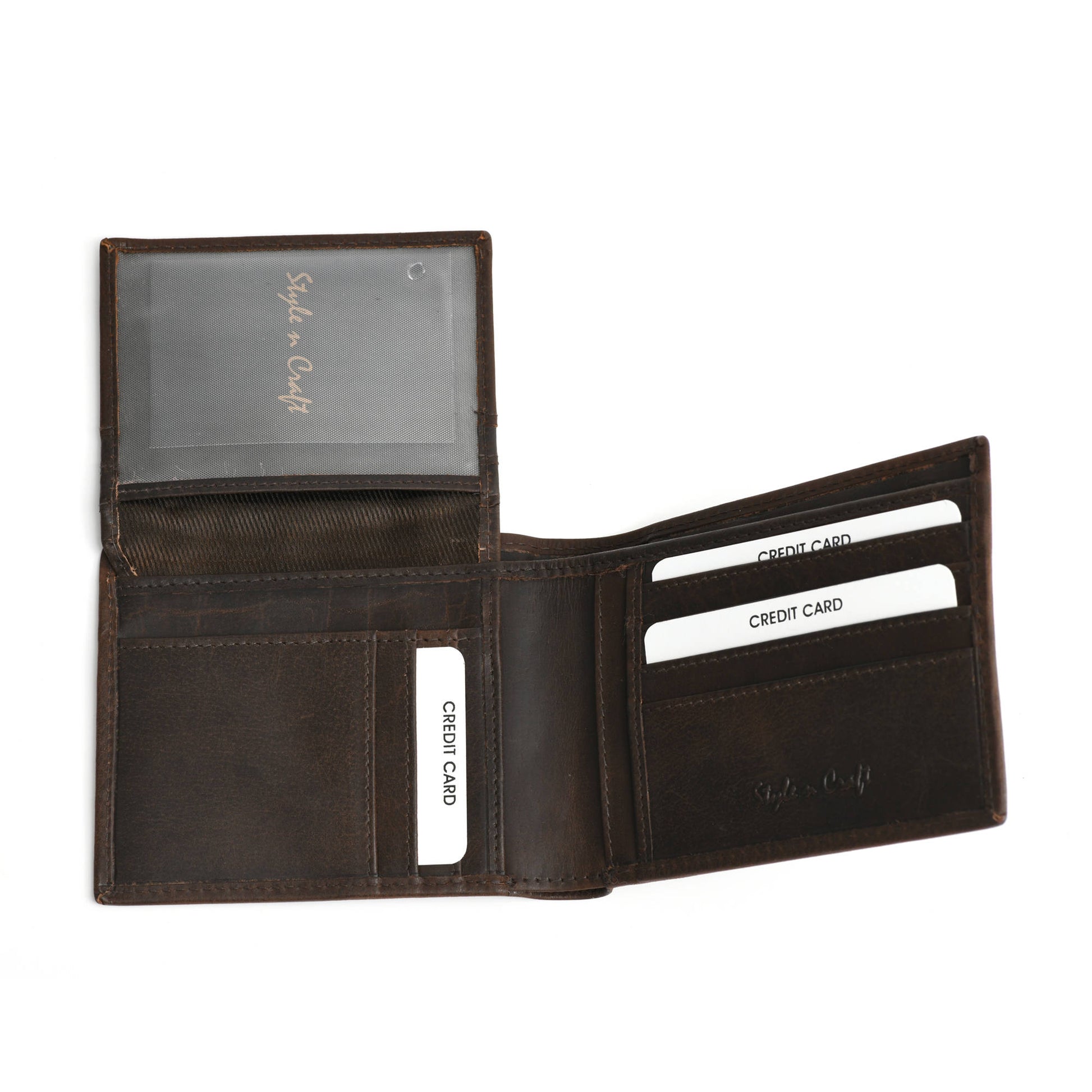 Style n Craft 391004 Bi-Fold PassCase Wallet with Flap in Dark Brown Top Grain Leather - Open View showing Pockets & ID Window under Flap