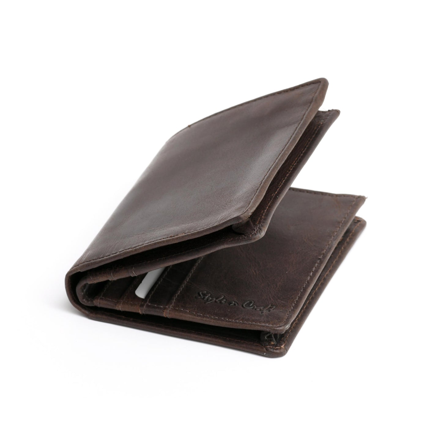 Style n Craft 391006 Bifold Hipster Leather Wallet with Back Zipper in Dark Brown Color - Closed Angled View Front