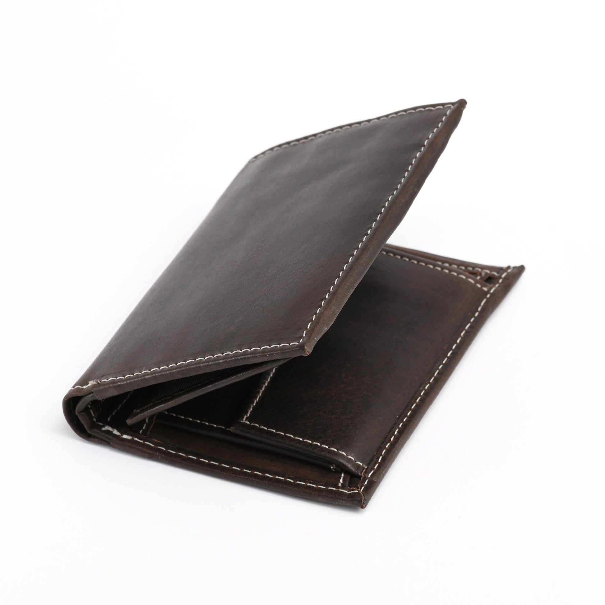 Style n Craft 391007 Bifold Hipster Leather Wallet with Inside Center Zipper, Left Flap & Coin Pocket in Dark Brown Color - Closed Angled View Front