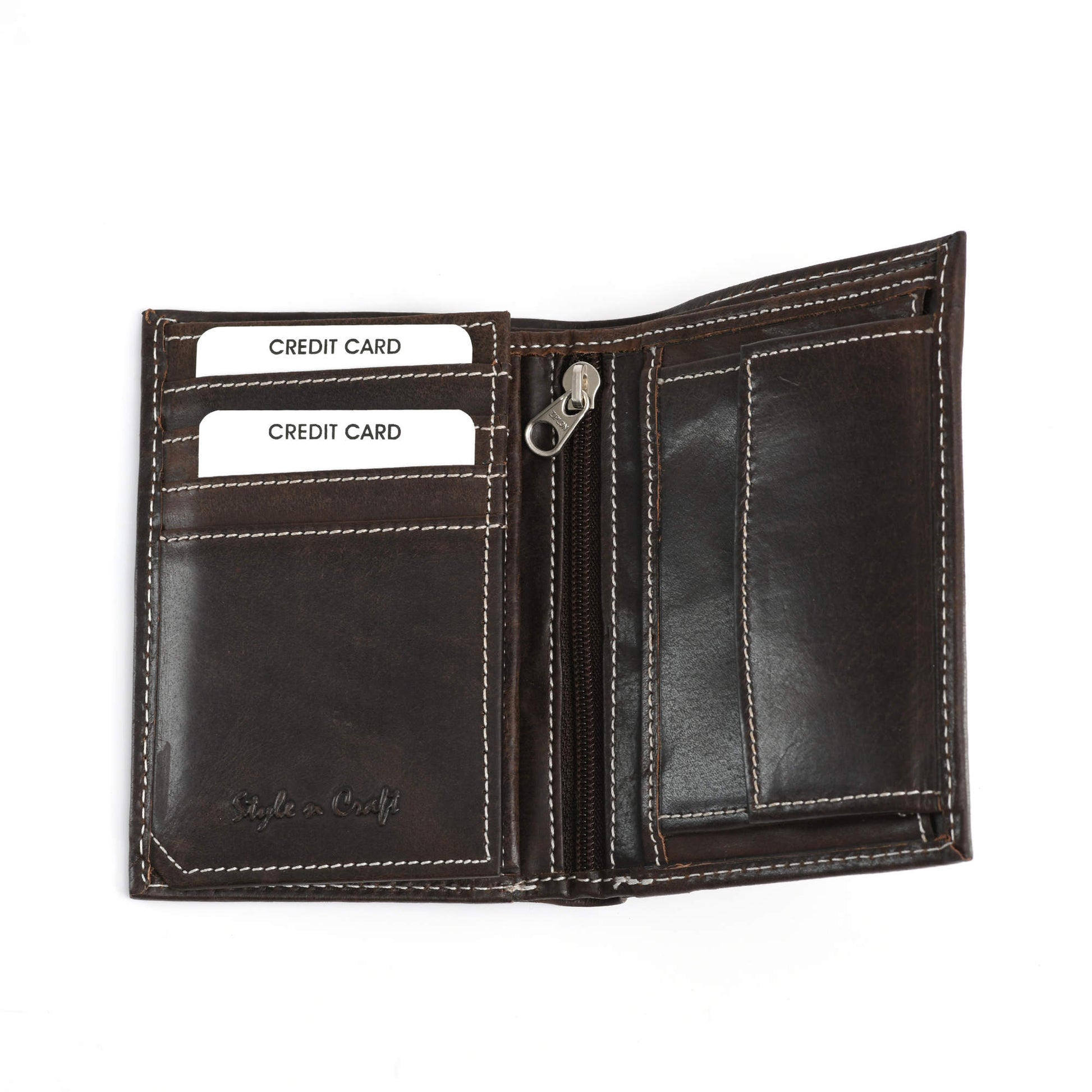 Style n Craft 391007 Bifold Hipster Leather Wallet with Inside Center Zipper, Left Flap & Coin Pocket in Dark Brown Color - Open View