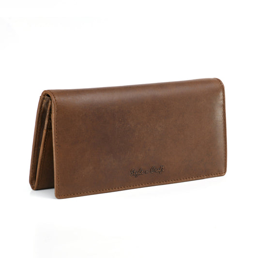 Style n Craft 391103 Ladies Long Clutch Wallet in Oak Color Leather - Front View Closed
