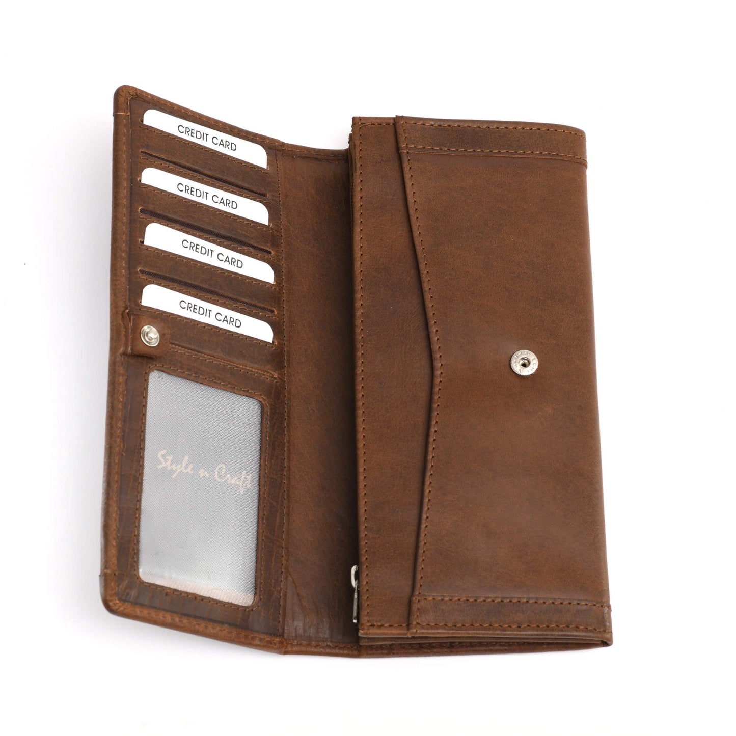Style n Craft 391106 Ladies Long Clutch Wallet in Oak Color Leather with a Leather Frame on the Outside - Open View 1