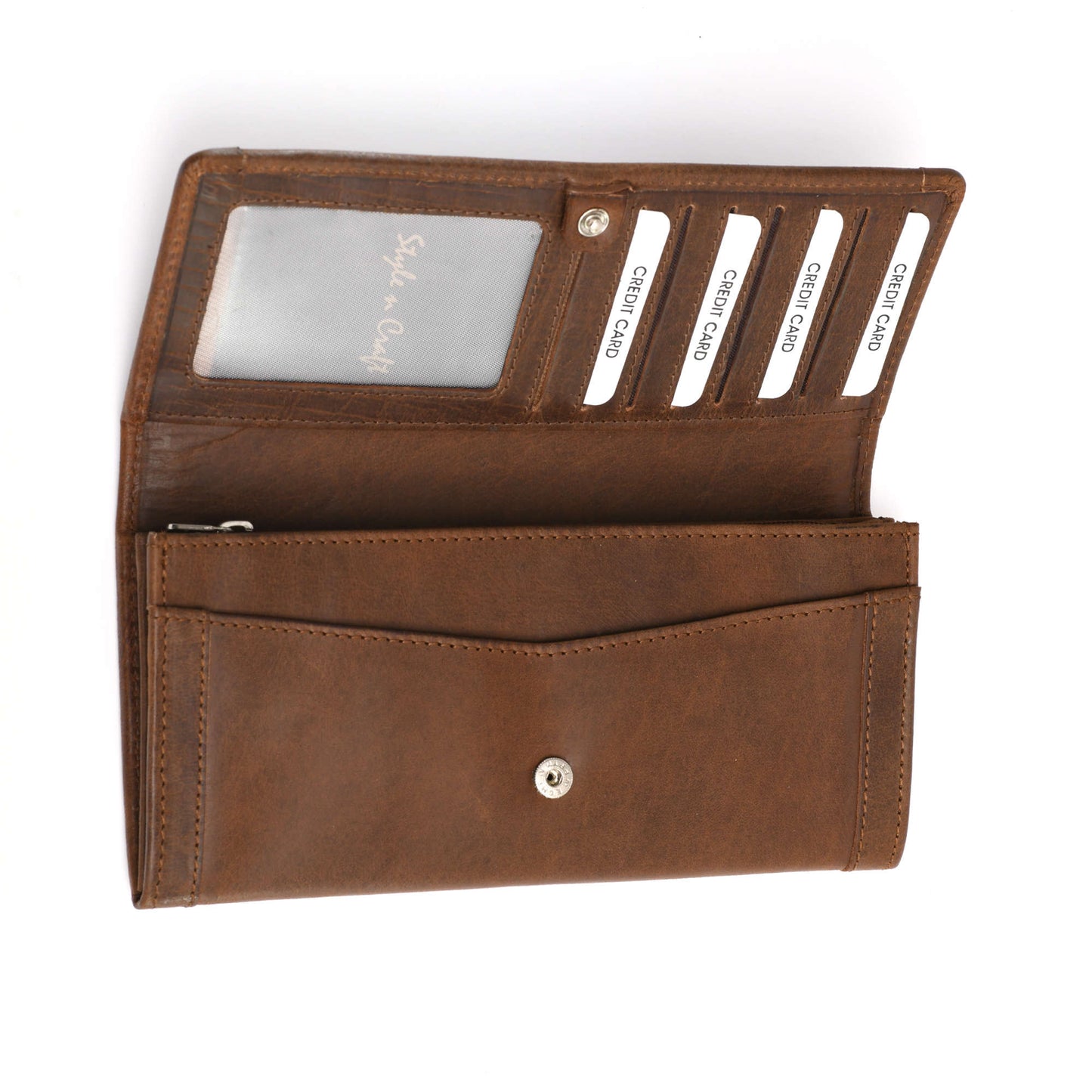 Style n Craft 391106 Ladies Long Clutch Wallet in Oak Color Leather with a Leather Frame on the Outside - Open View 2
