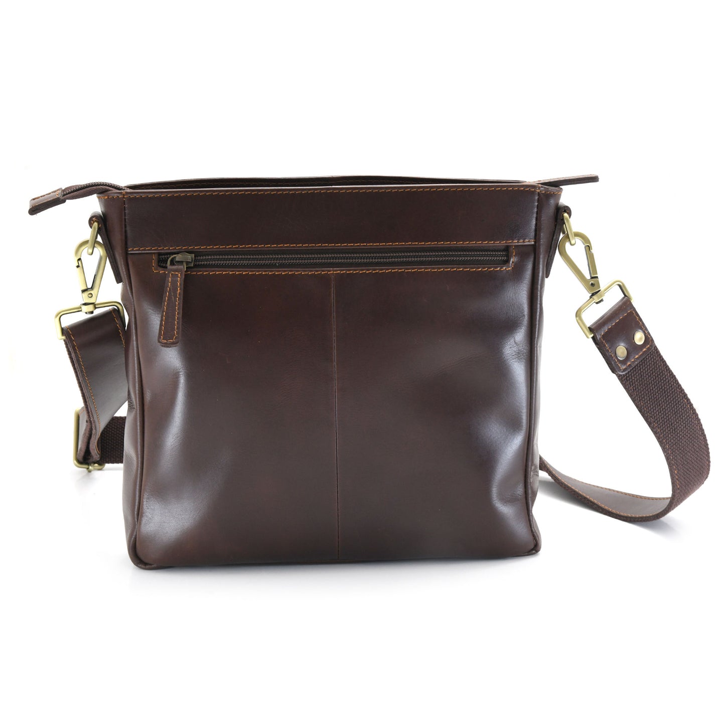 Style n Craft 392001 Cross-body Messenger Bag in Full Grain Dark Brown Leather - Back View showing the Zippered Pocket at the Back