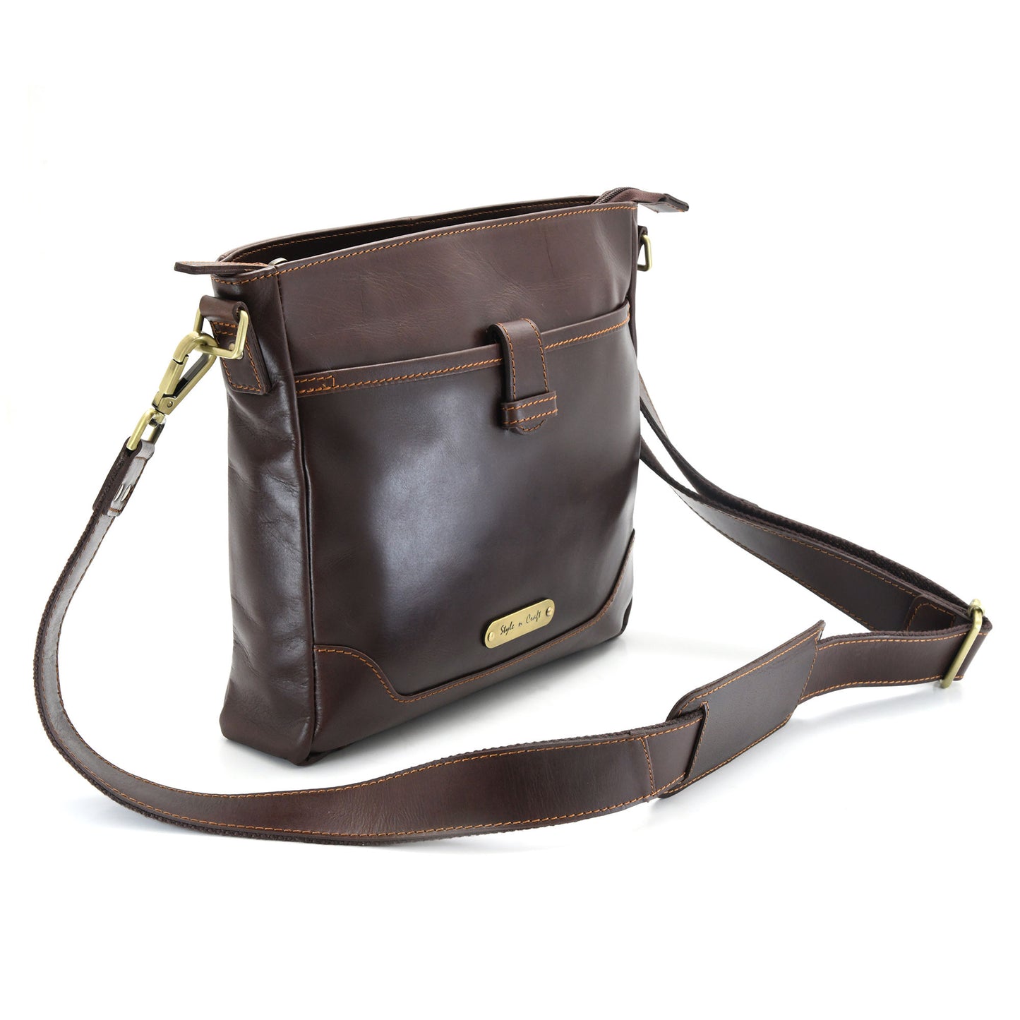 Style n Craft 392001 Cross-body Messenger Bag in Full Grain Dark Brown Leather - Front Angled View