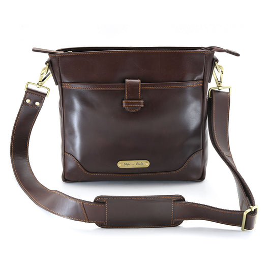 Style n Craft 392001 Cross-body Messenger Bag in Full Grain Dark Brown Leather - Front View