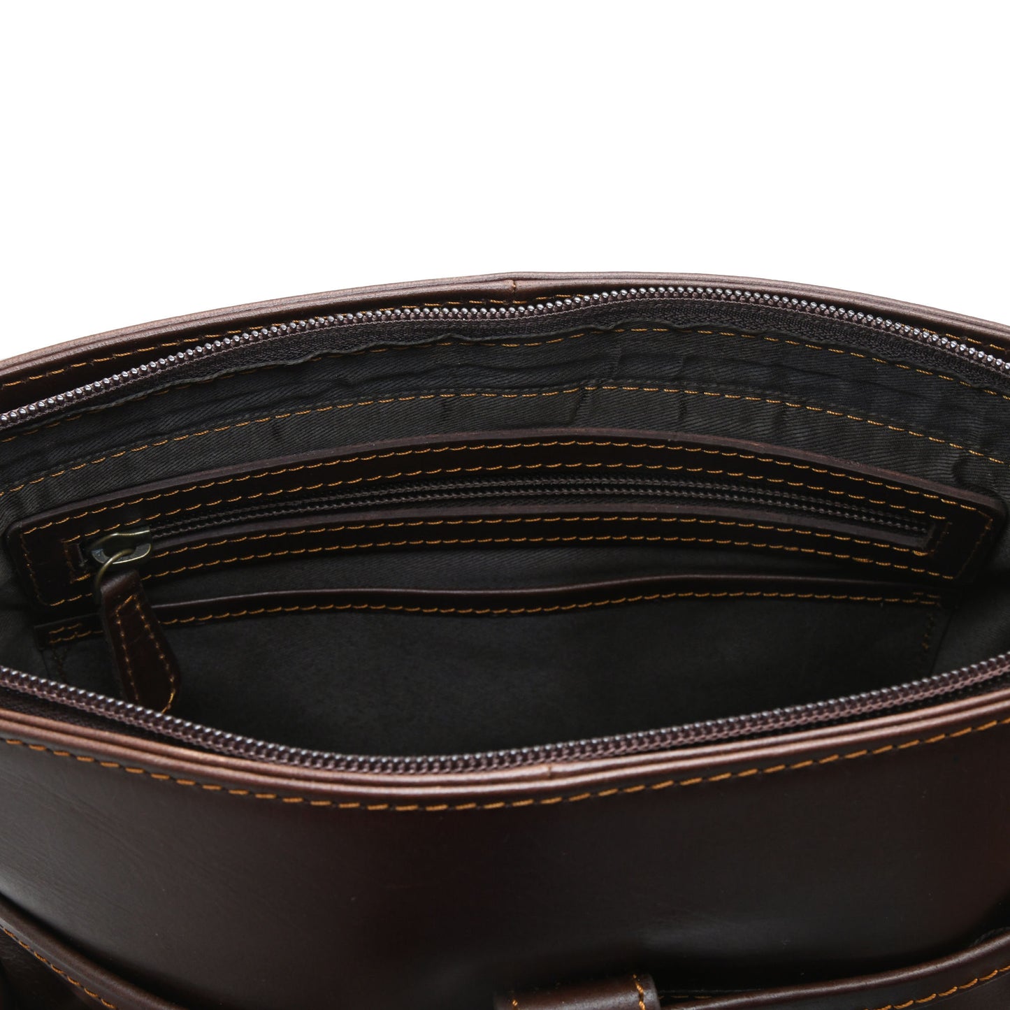 Style n Craft 392001 Cross-body Messenger Bag in Full Grain Dark Brown Leather - Inside Back Wall View showing 1 Zippered Pocket & 1 Slip Pocket 