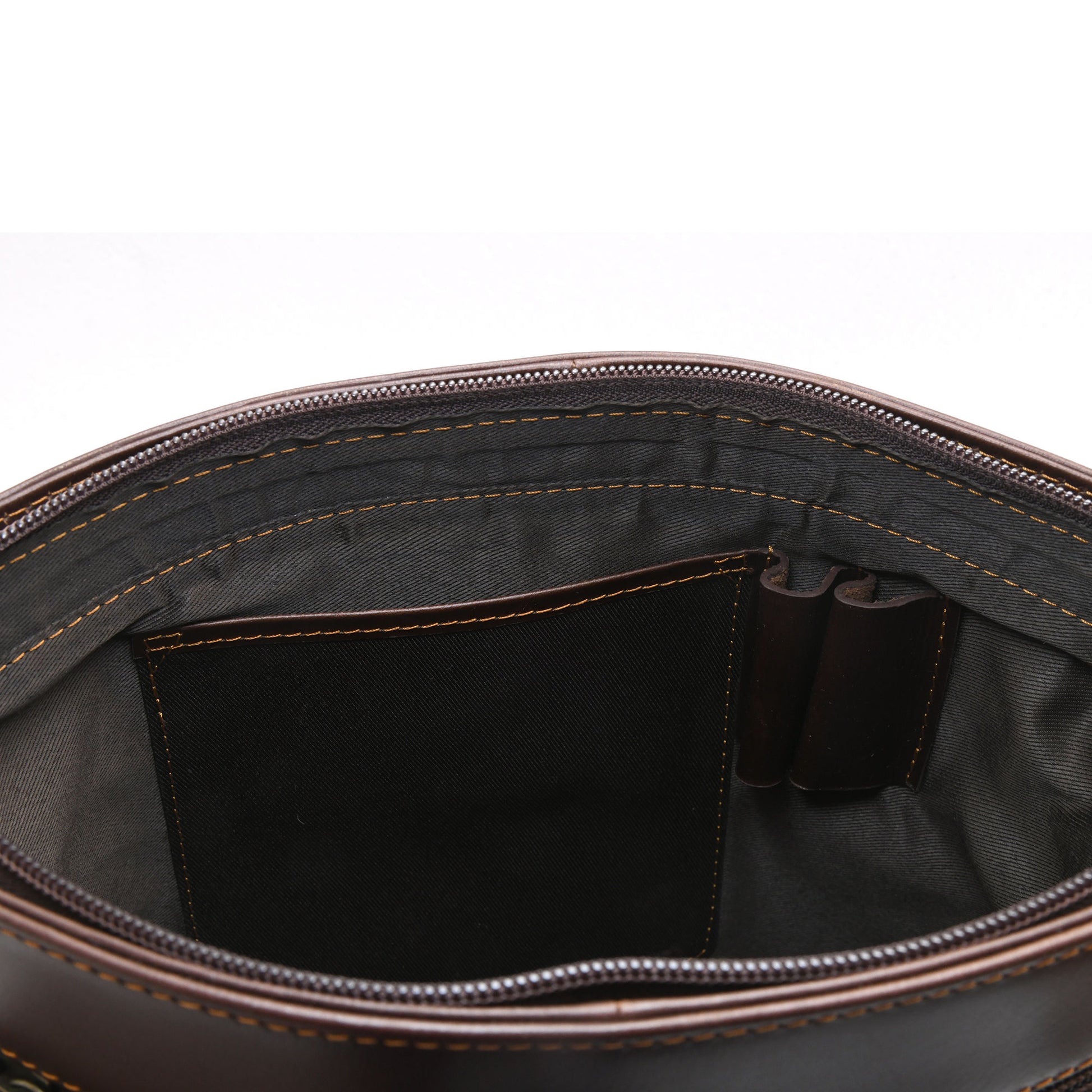 Style n Craft 392001 Cross-body Messenger Bag in Full Grain Dark Brown Leather - Inside Front Wall View showing 1 long Leather Pocket & 2 Pen or Pencil Holders in Leather