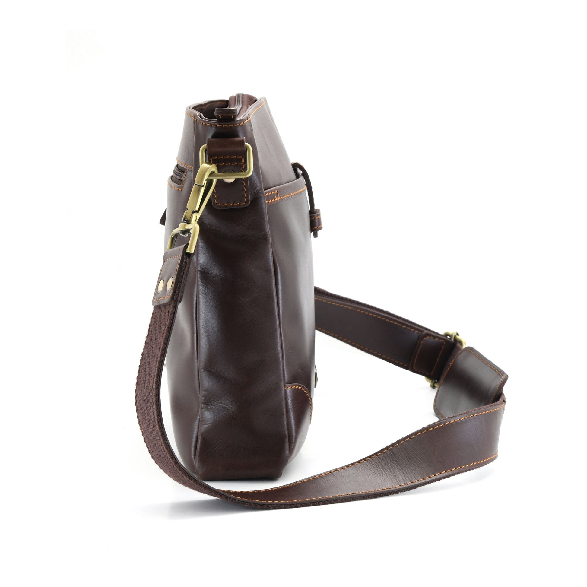 Style n Craft 392001 Cross-body Messenger Bag in Full Grain Dark Brown Leather - Side View showing the Side Profile