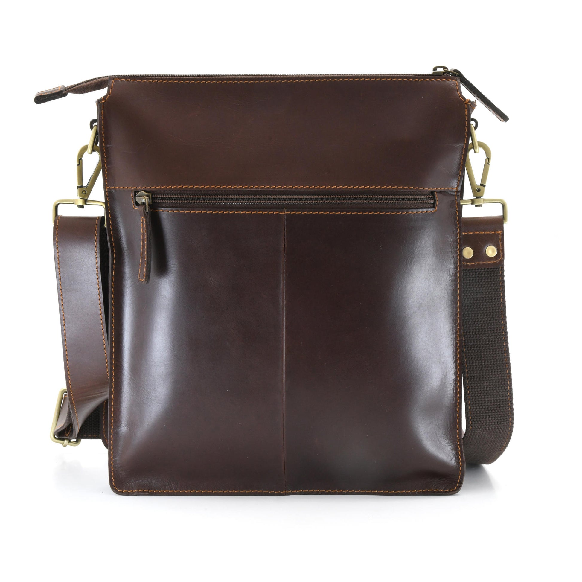 Style n Craft 392002 Tall Messenger Bag in Full Grain Dark Brown Leather - Back  View Showing the Zipper Pocket