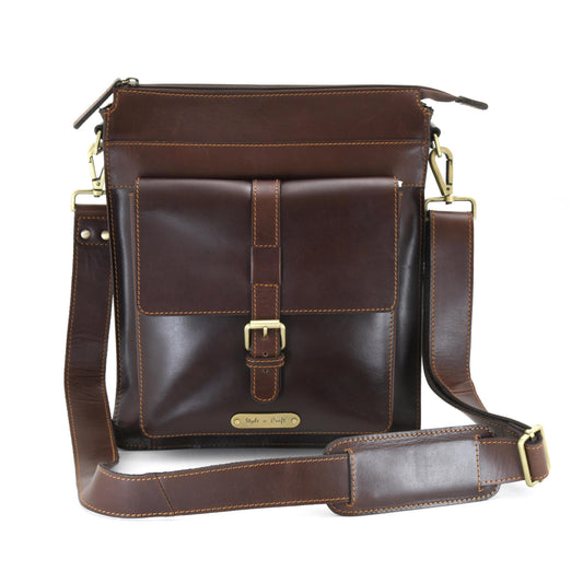 Style n Craft 392002 Tall Messenger Bag in Full Grain Dark Brown Leather - Front View