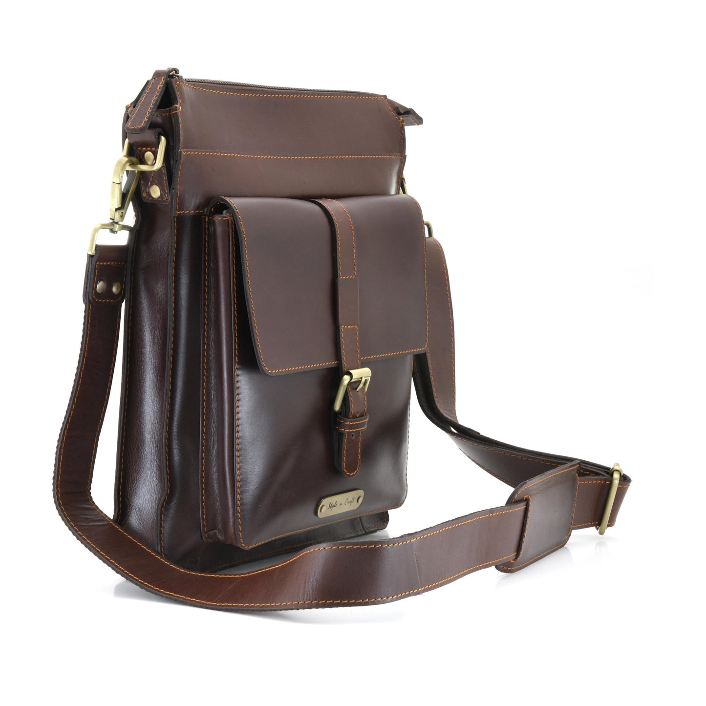 Style n Craft 392002 Tall Messenger Bag in Full Grain Dark Brown Leather - Front Angled View