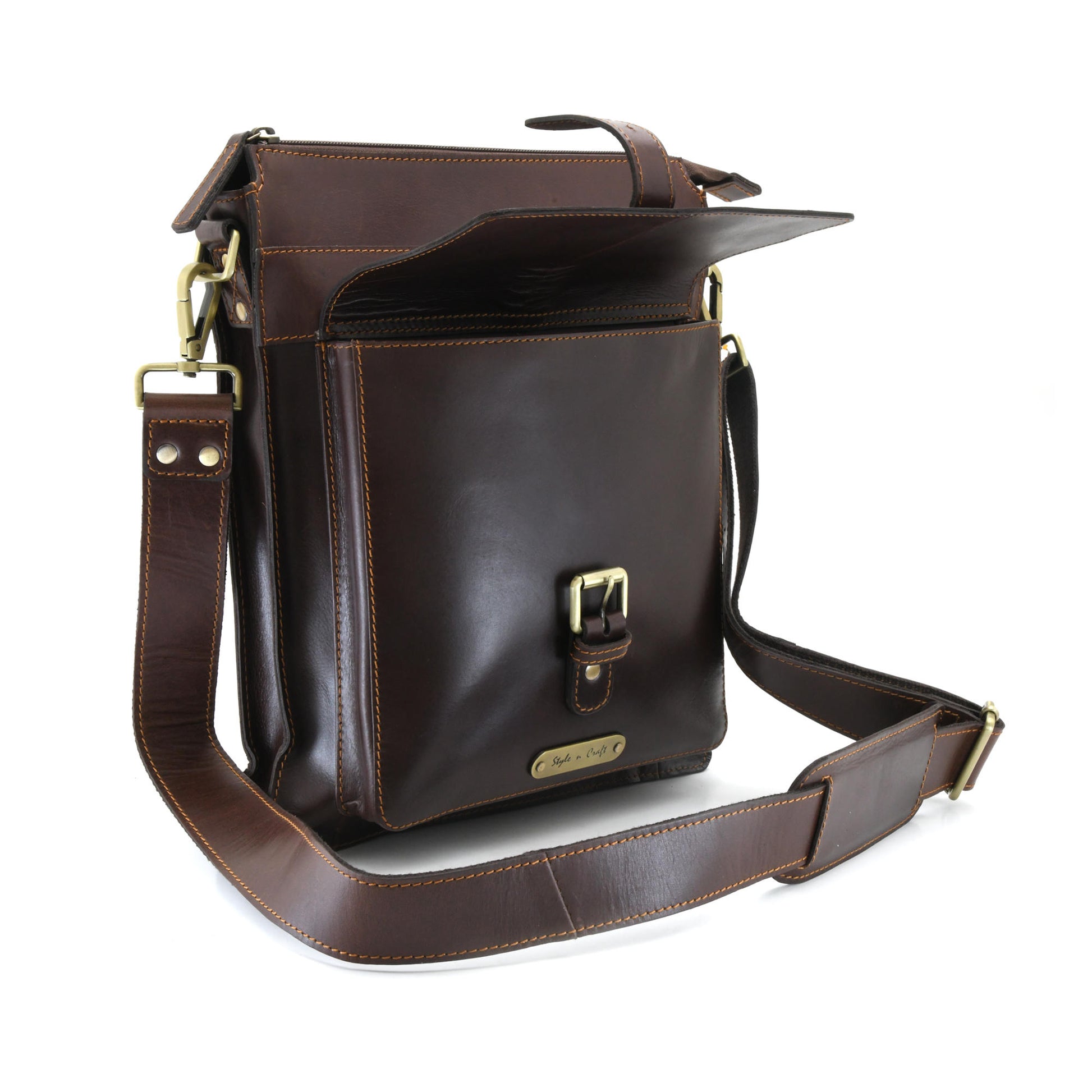 Style n Craft 392002 Tall Messenger Bag in Full Grain Dark Brown Leather - Front Angled View Showing the Front Flap Pocket
