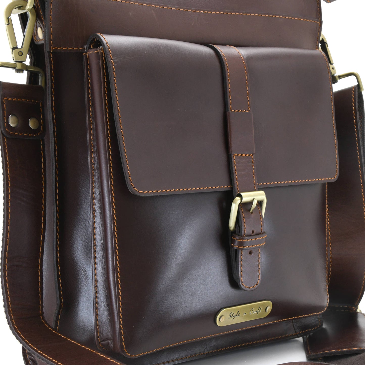 Style n Craft 392002 Tall Messenger Bag in Full Grain Dark Brown Leather - Front Angled Closeup 