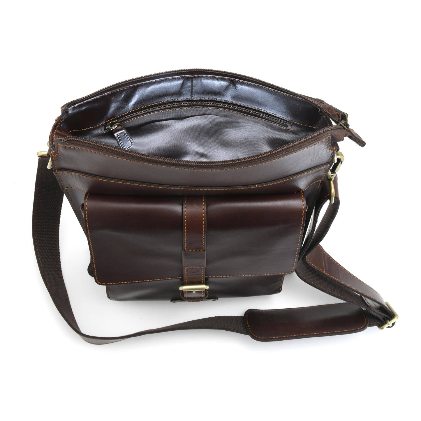 Style n Craft 392002 Tall Messenger Bag in Full Grain Dark Brown Leather - Inside Back Wall Illuminated View