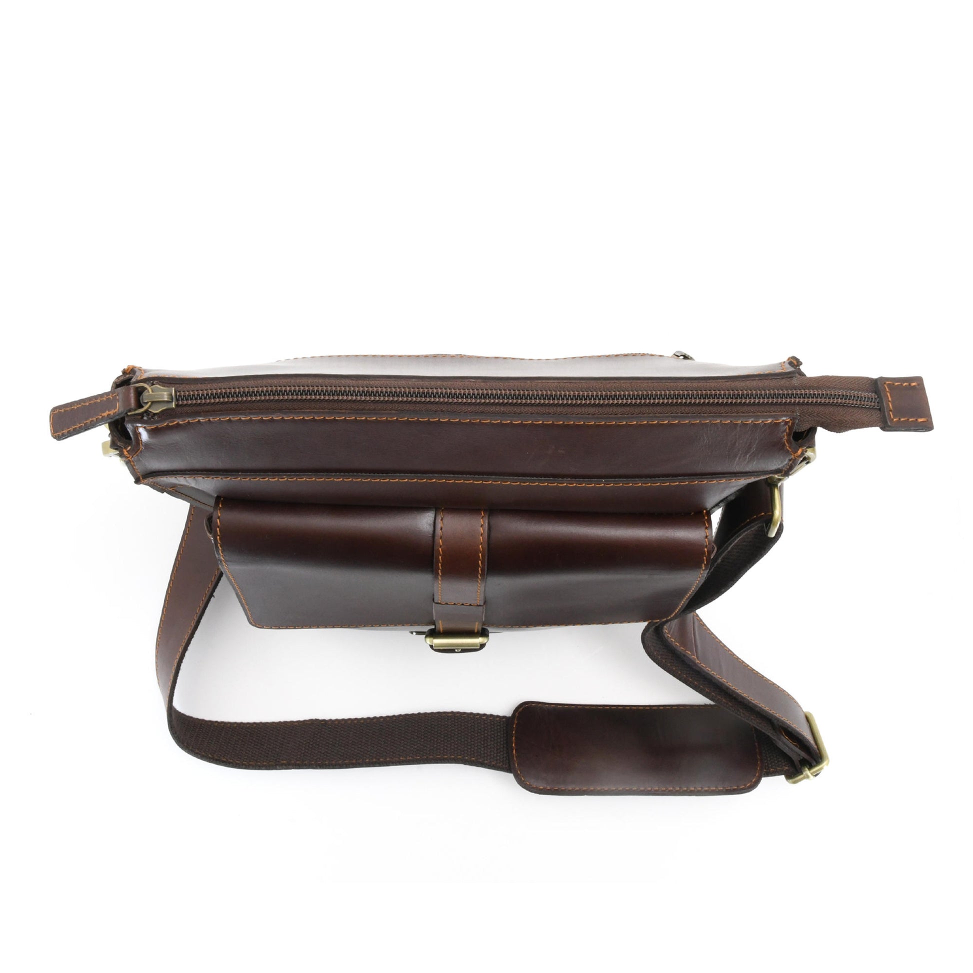 Style n Craft 392002 Tall Messenger Bag in Full Grain Dark Brown Leather - Top View Showing Main Bag Zipper Closure