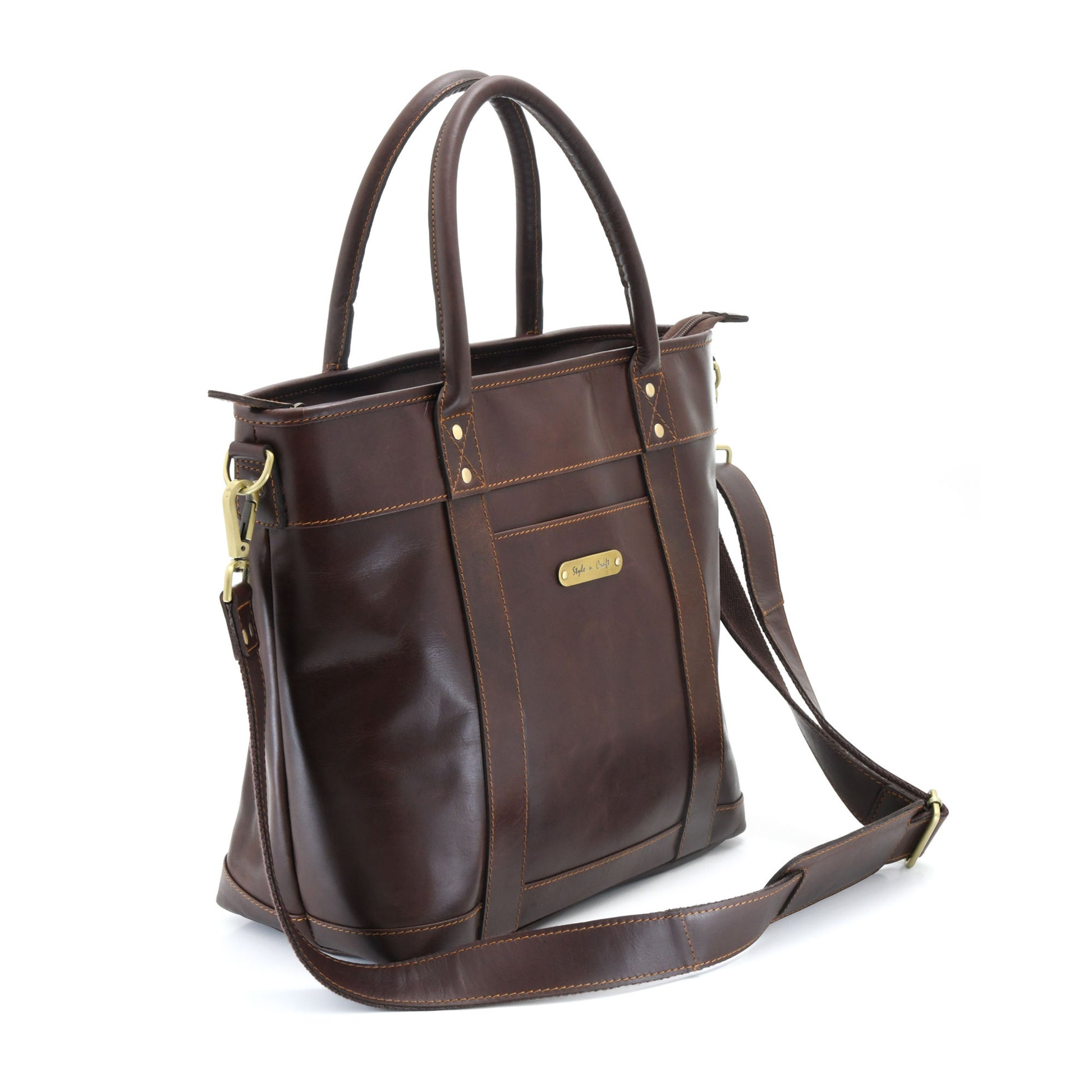 Style n Craft 392003 Men's Tote Bag in Full Grain Dark Brown Leather - Front Angled View
