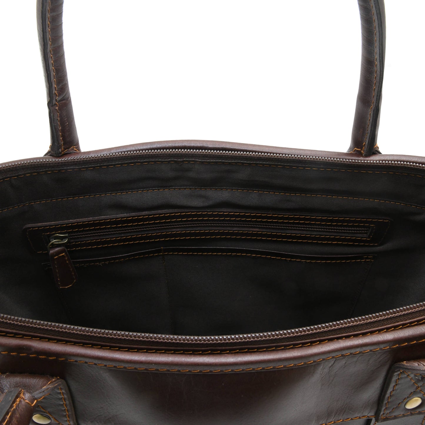 Style n Craft 392003 Men's Tote Bag in Full Grain Dark Brown Leather - Inside Back Wall Pockets - Closeup View