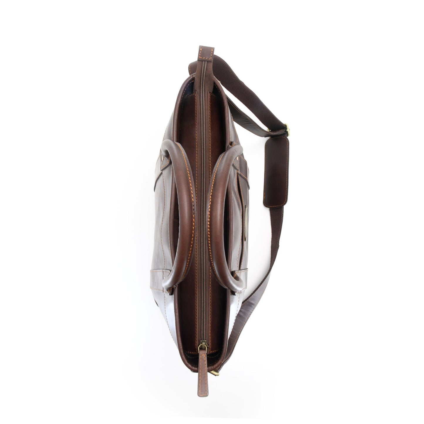 Style n Craft 392003 Men's Tote Bag in Full Grain Dark Brown Leather - Top View Showing the Zipper Closure of the Bag - Vertical