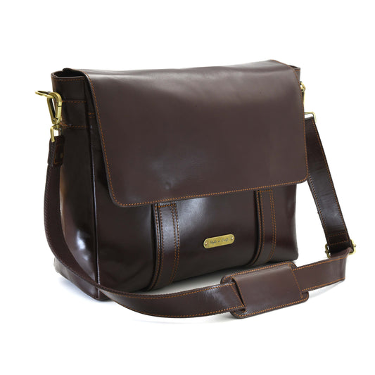 Style n Craft 392005 Messenger Bag in Full Grain Dark Brown Leather - Front Angled View