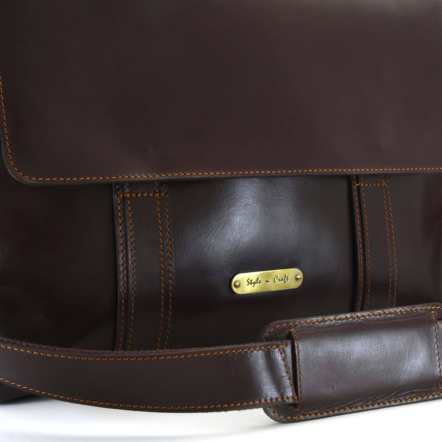 Style n Craft 392005 Messenger Bag in Full Grain Dark Brown Leather - Front Profile View showing the Logo