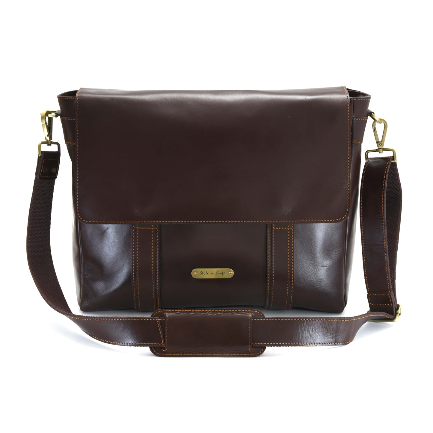 Style n Craft 392005 Messenger Bag in Full Grain Dark Brown Leather - Front View