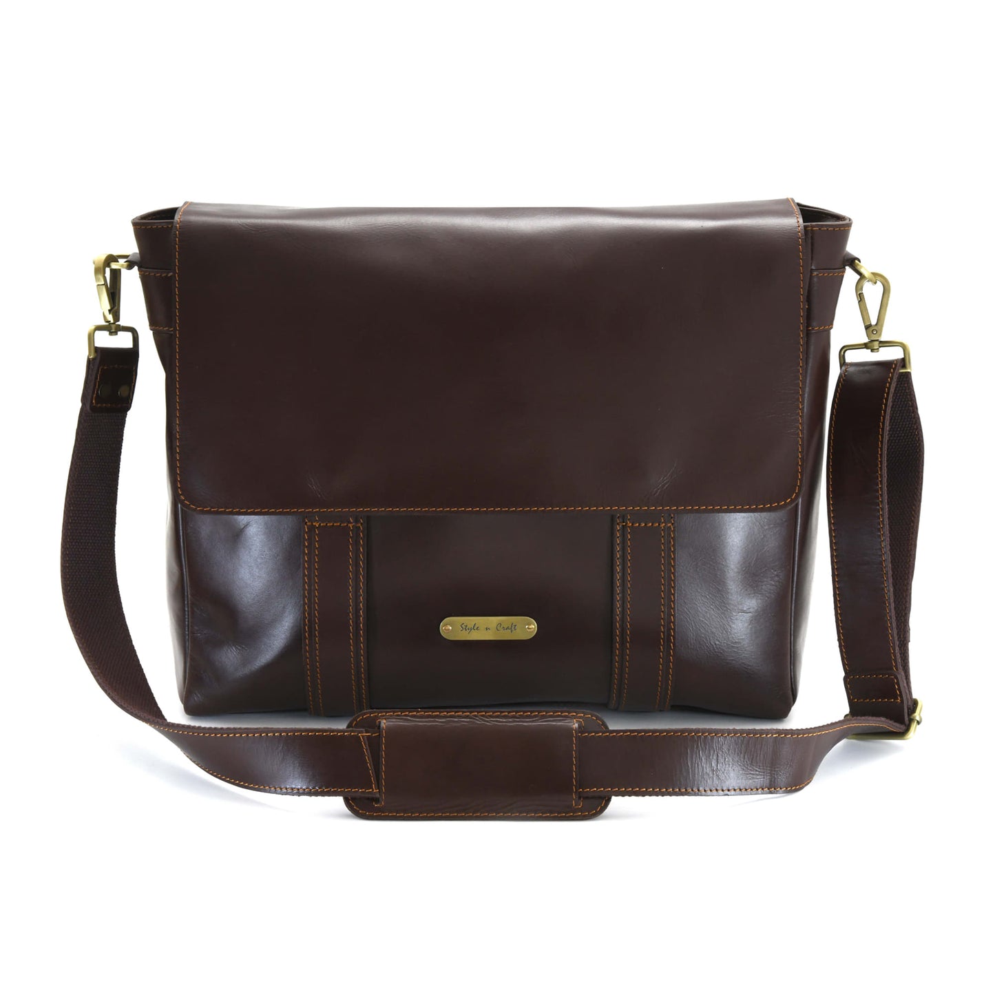 Style n Craft 392005 Messenger Bag in Full Grain Dark Brown Leather - Front View