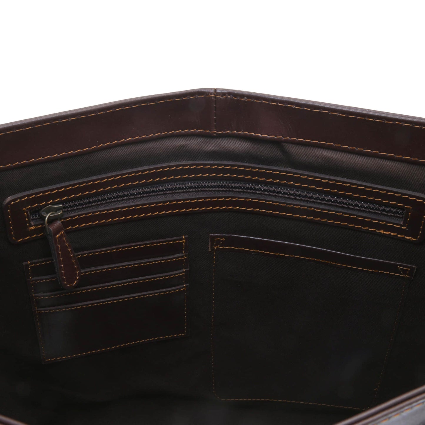 Style n Craft 392005 Messenger Bag in Full Grain Dark Brown Leather - Inside Back Wall View showing the Internal zipper pocket, credit and business card pockets and a pocket for holding the phone or small notebook