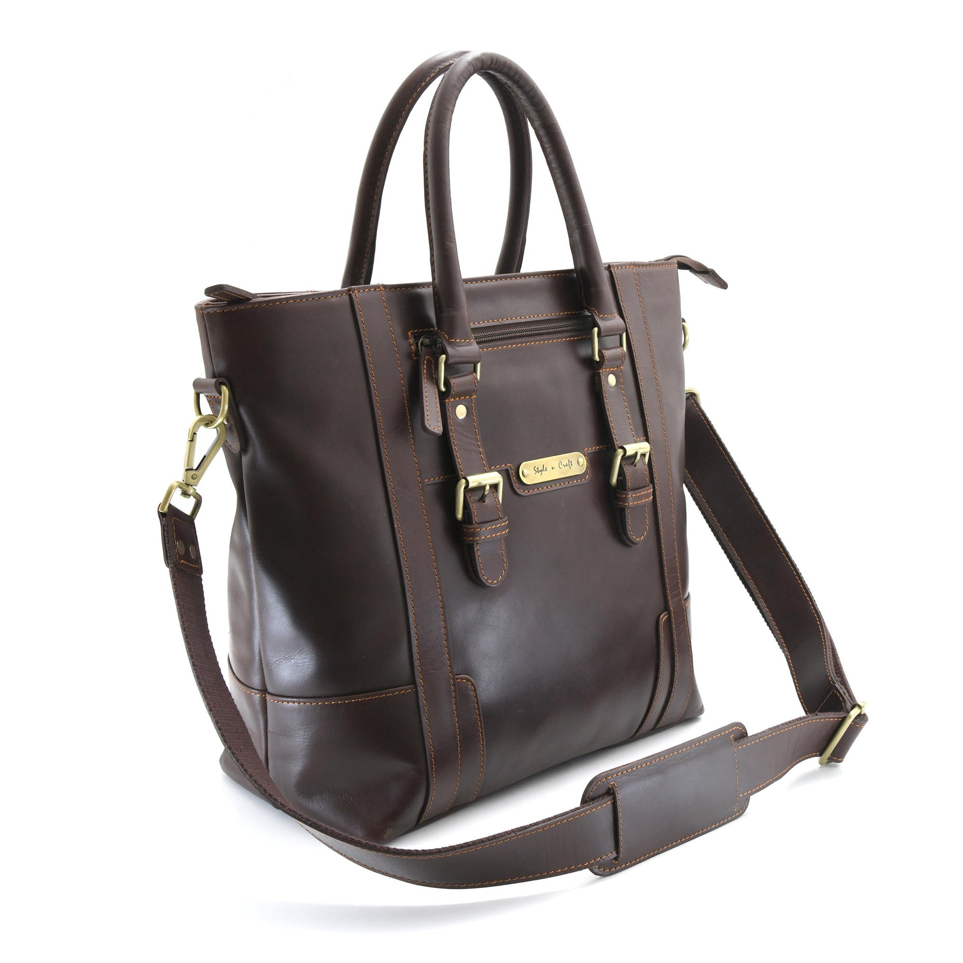 Style n Craft 392006 Men's Tote Bag in Full Grain Dark Brown Leather - Front Angled View