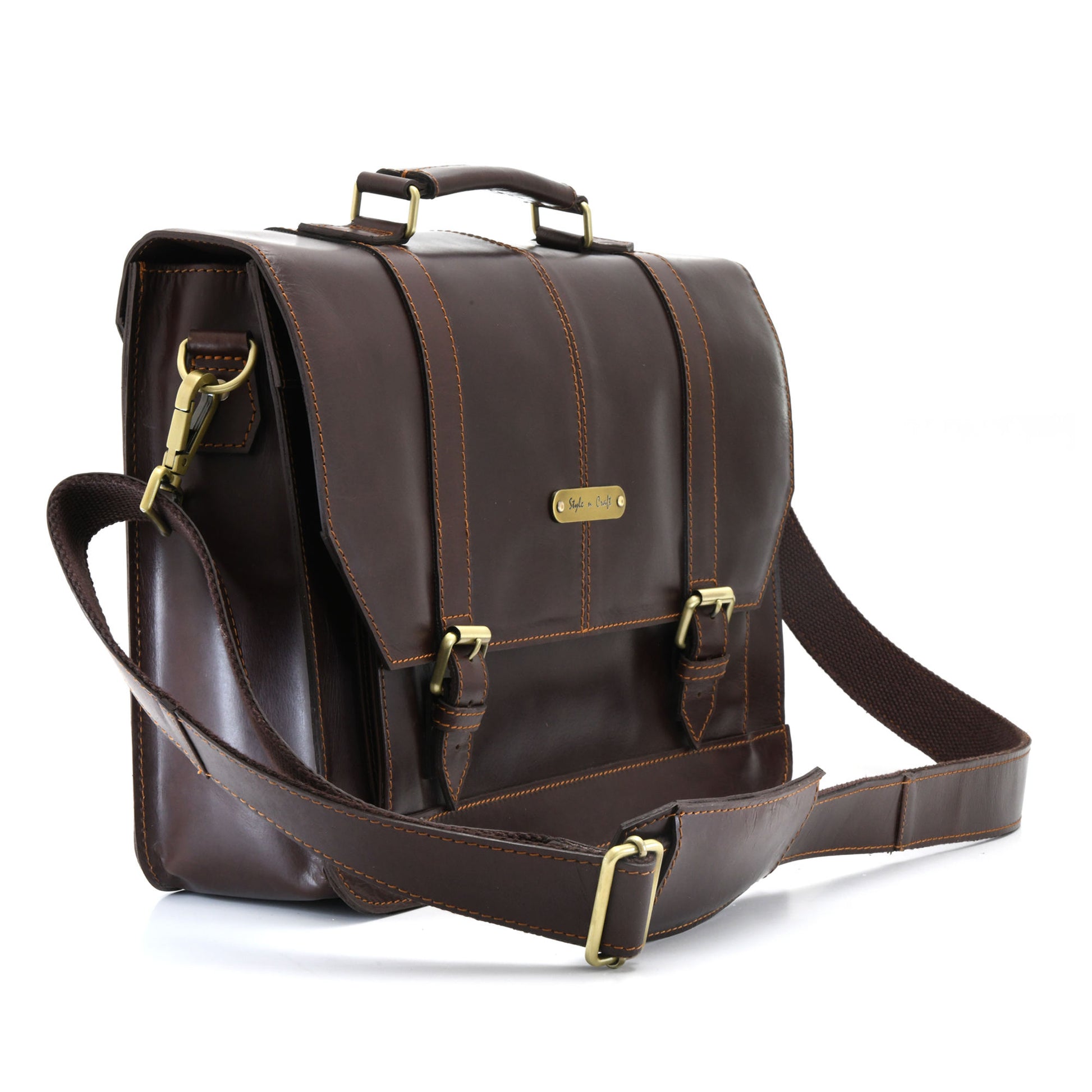 Style n Craft 392007 Portfolio Bag in Full Grain Dark Brown Leather - Front Angled View