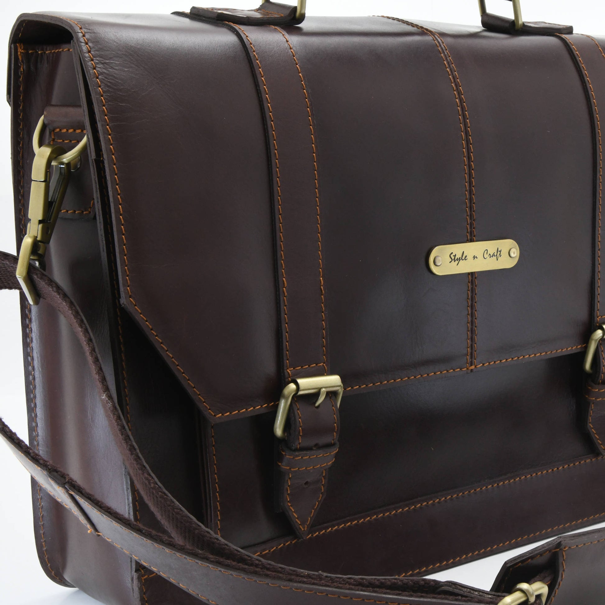 Style n Craft 392007 Portfolio Bag in Full Grain Dark Brown Leather - Front Angled Closeup View