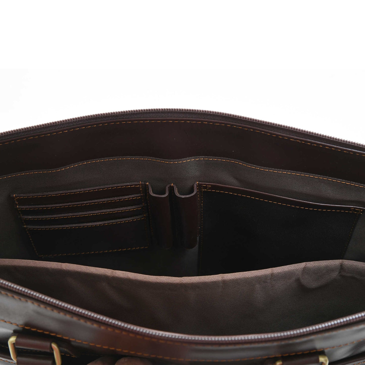 Style n Craft 392008 Men's Portfolio Briefcase Bag in Full Grain Dark Brown Leather - Inside View showing the Cushioned Compartment for holding the Laptop & Front Wall showing 4 Card Pockets, 2 Pen Holders & 1 Long Pocket, all in Leather