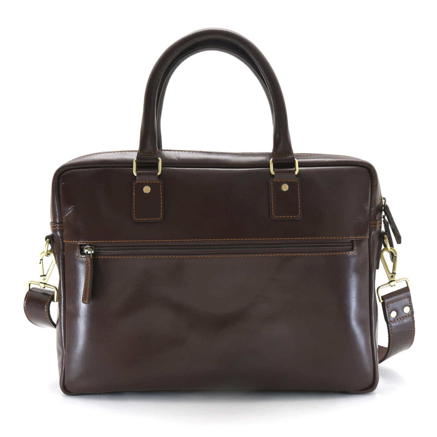 Style n Craft 392009 Men's Portfolio Briefcase Bag in Full Grain Dark Brown Leather - Back View showing the External Zippered Pocket