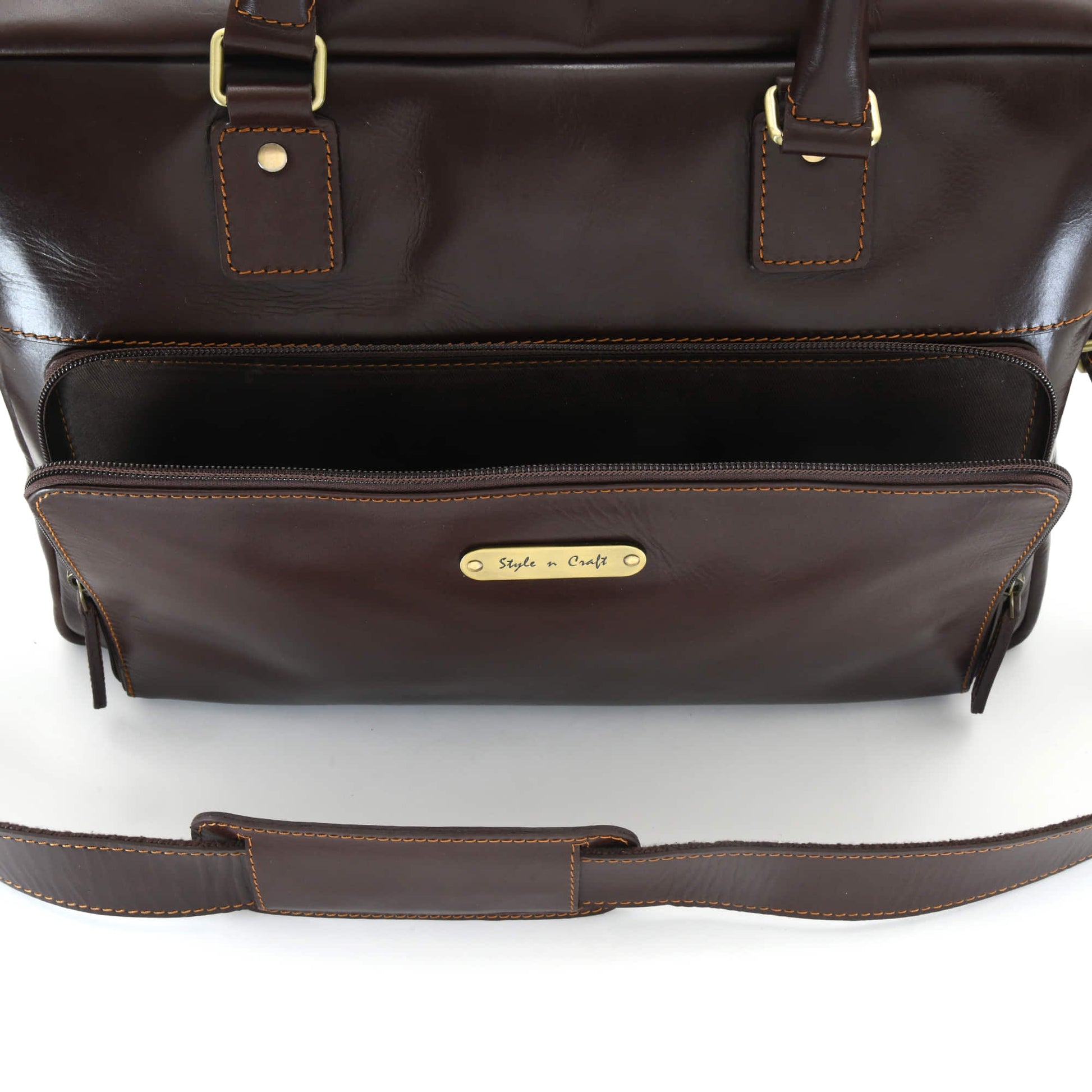 Style n Craft 392009 Men's Portfolio Briefcase Bag in Full Grain Dark Brown Leather - Front  View showing the Opening of the External Zippered Pocket
