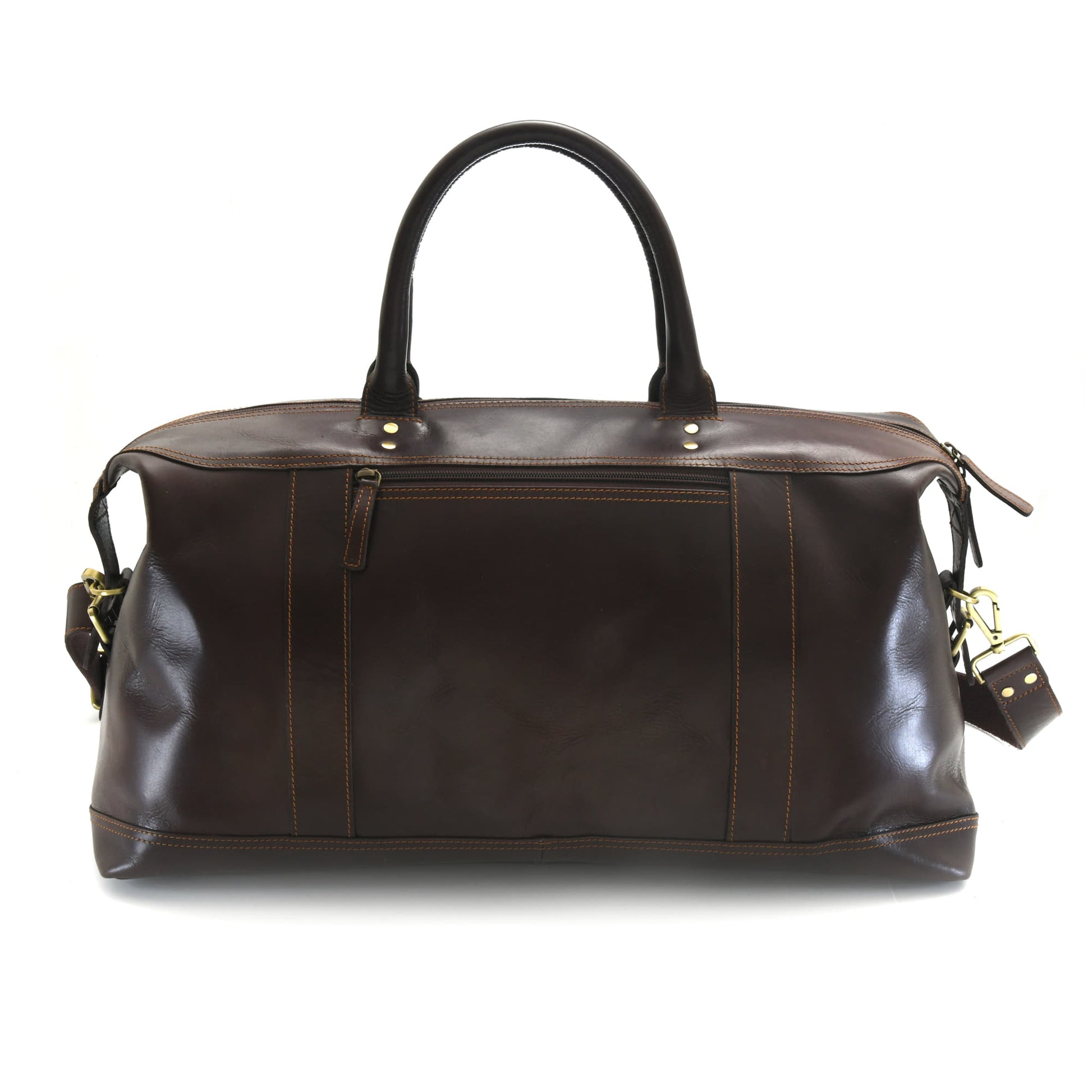Style n Craft 392100 Large Duffle Bag in Full Grain Dark Brown Leather - Back View Showing the Back Outside Zipper Pocket