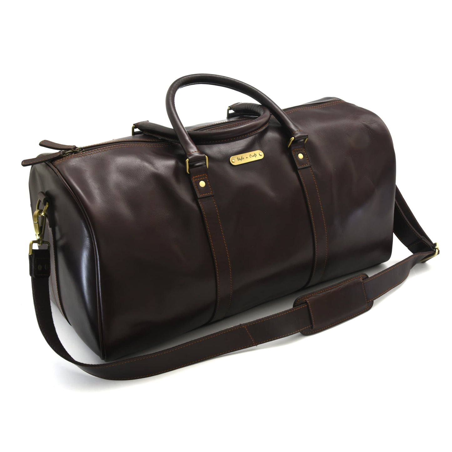 Style n Craft 392101 Duffle Bag in Full Grain Dark Brown Leather - Front Angled View