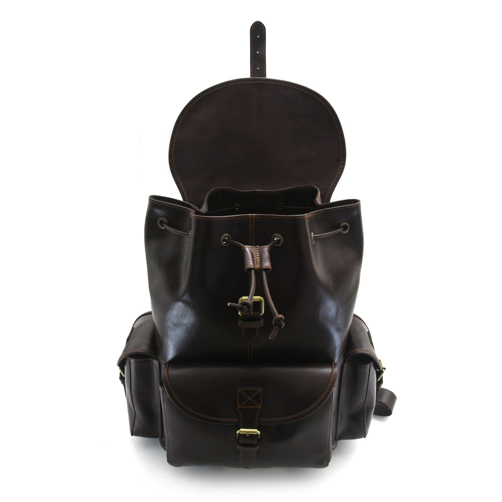 Style n Craft 392150 Backpack Large in Full Grain Dark Brown Leather - Front View with Open Flap Showing the Top Opening & Drawstring Closure