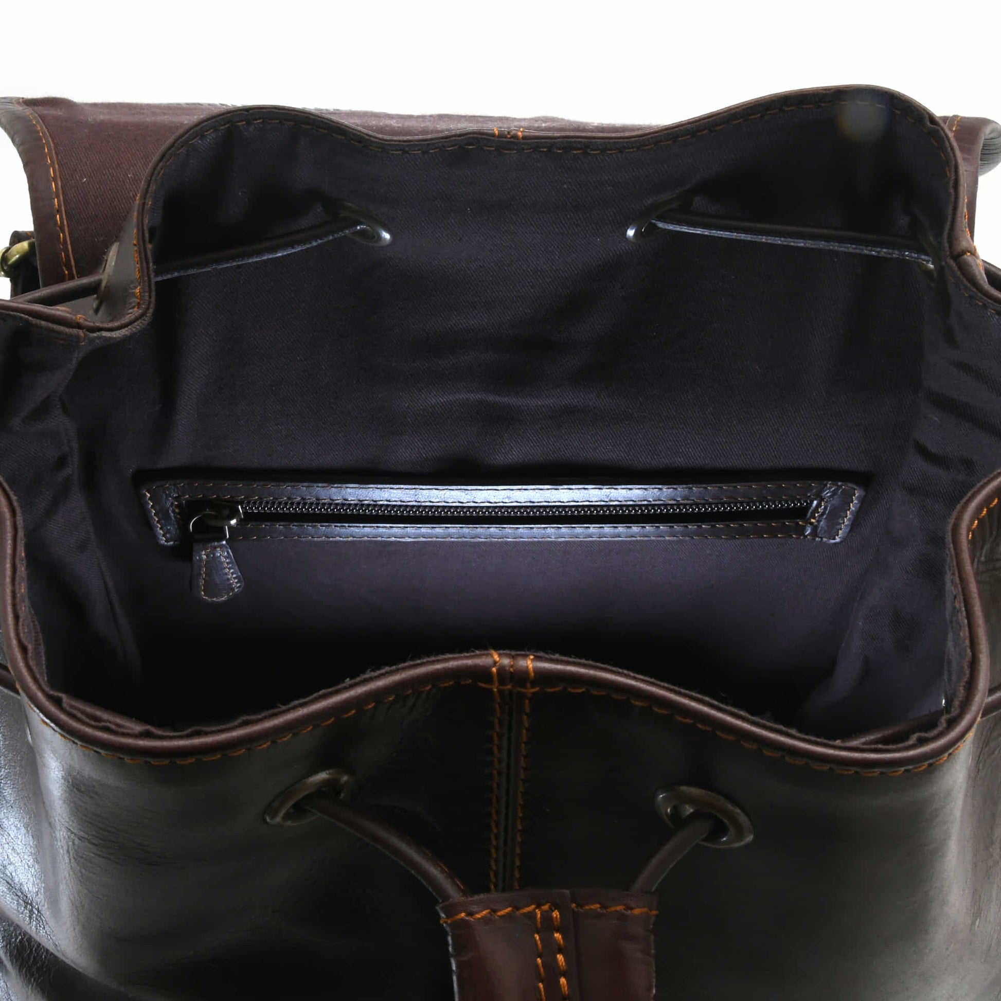 Style n Craft 392150 Backpack Large in Full Grain Dark Brown Leather - Inside View Showing the Zipper Pocket