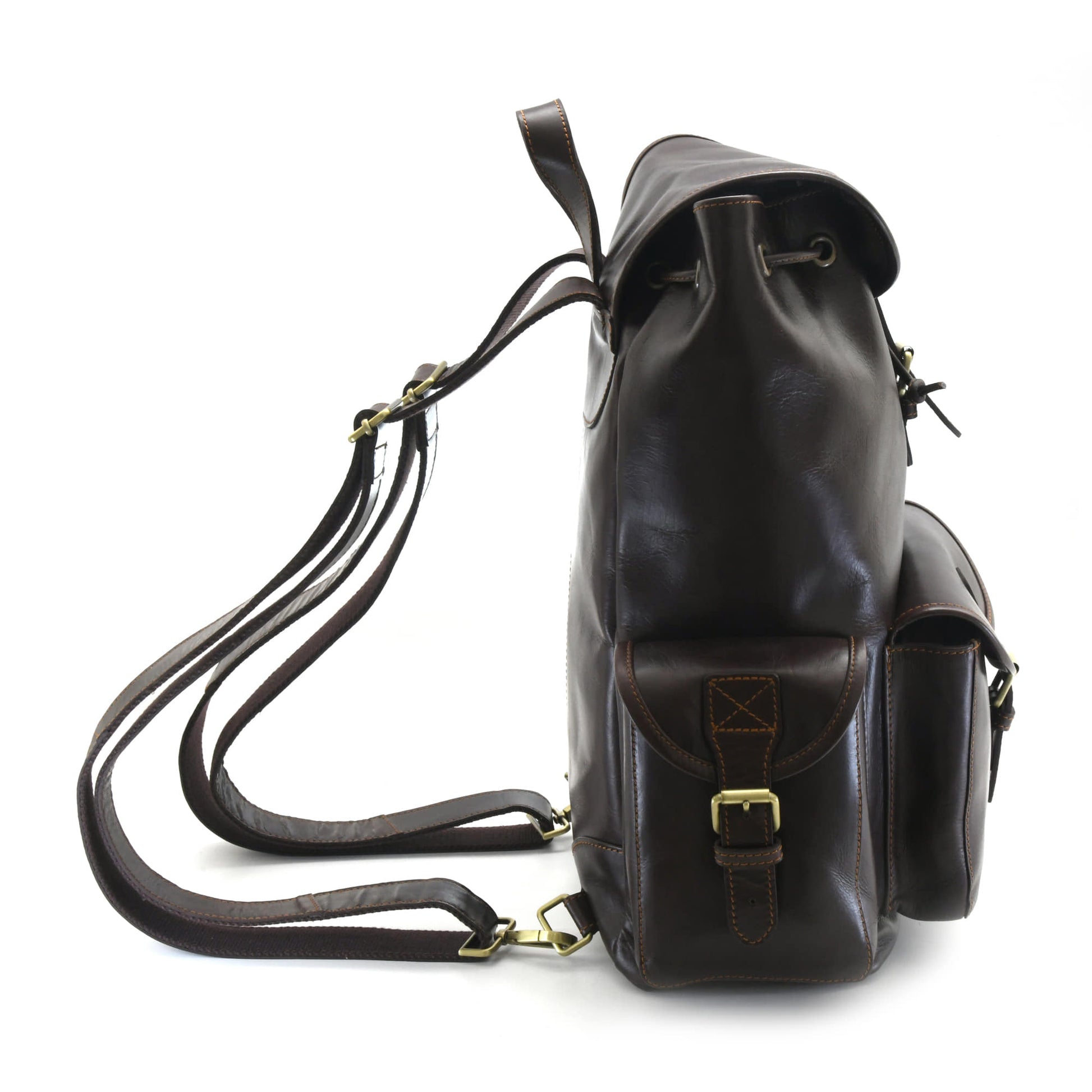 Style n Craft 392150 Backpack Large in Full Grain Dark Brown Leather - Side View Showing the Side Exterior Pocket & Shoulder Straps
