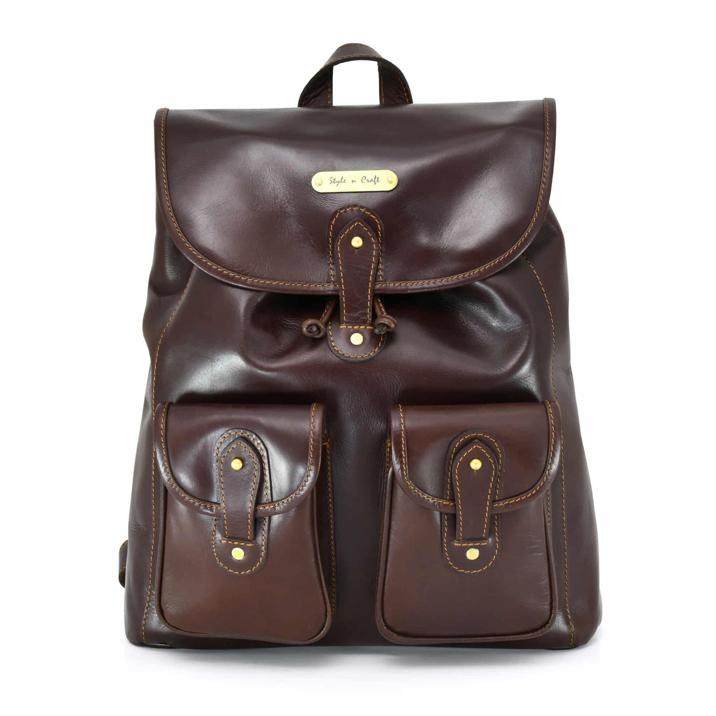 Style n Craft 392151 Backpack in Full Grain Dark Brown Leather, Medium Size - Front View Showing Top Flap Closure, 2 Front Pockets & Leather Hand Carry Strap