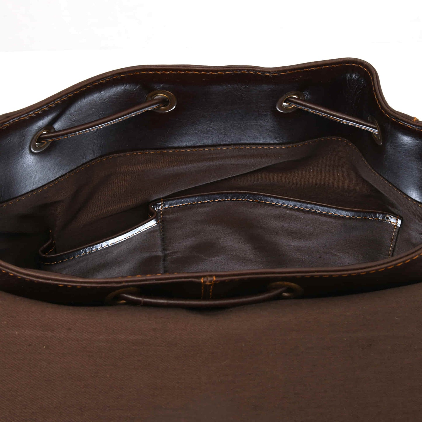 Style n Craft 392151 Backpack in Full Grain Dark Brown Leather, Medium Size - Internal View of the Front Wall Showing 2 Open Pockets