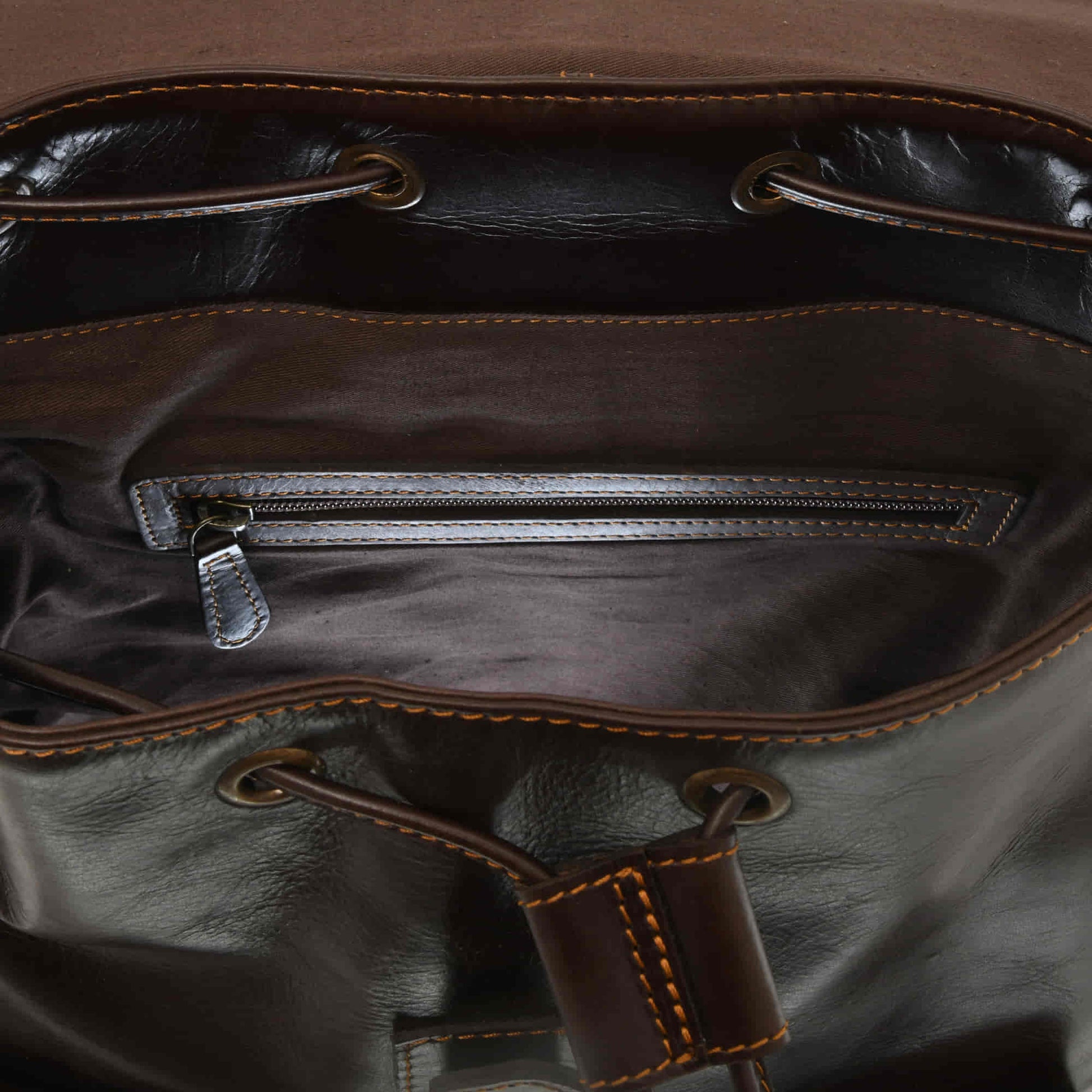 Style n Craft 392151 Backpack in Full Grain Dark Brown Leather, Medium Size - Internal View Showing the Zipper Pocket on the Back Wall