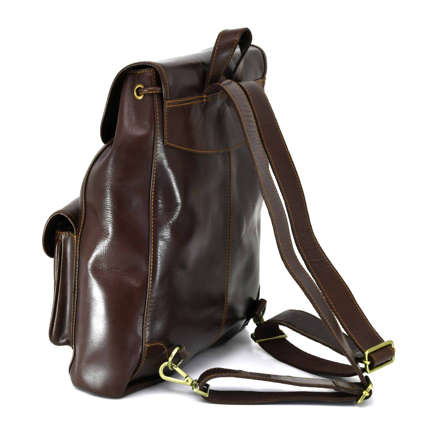 Style n Craft 392151 Backpack in Full Grain Dark Brown Leather, Medium Size - Back Angled View Showing the Adjustable Shoulder Straps & the Leather Hand Carry Strap
