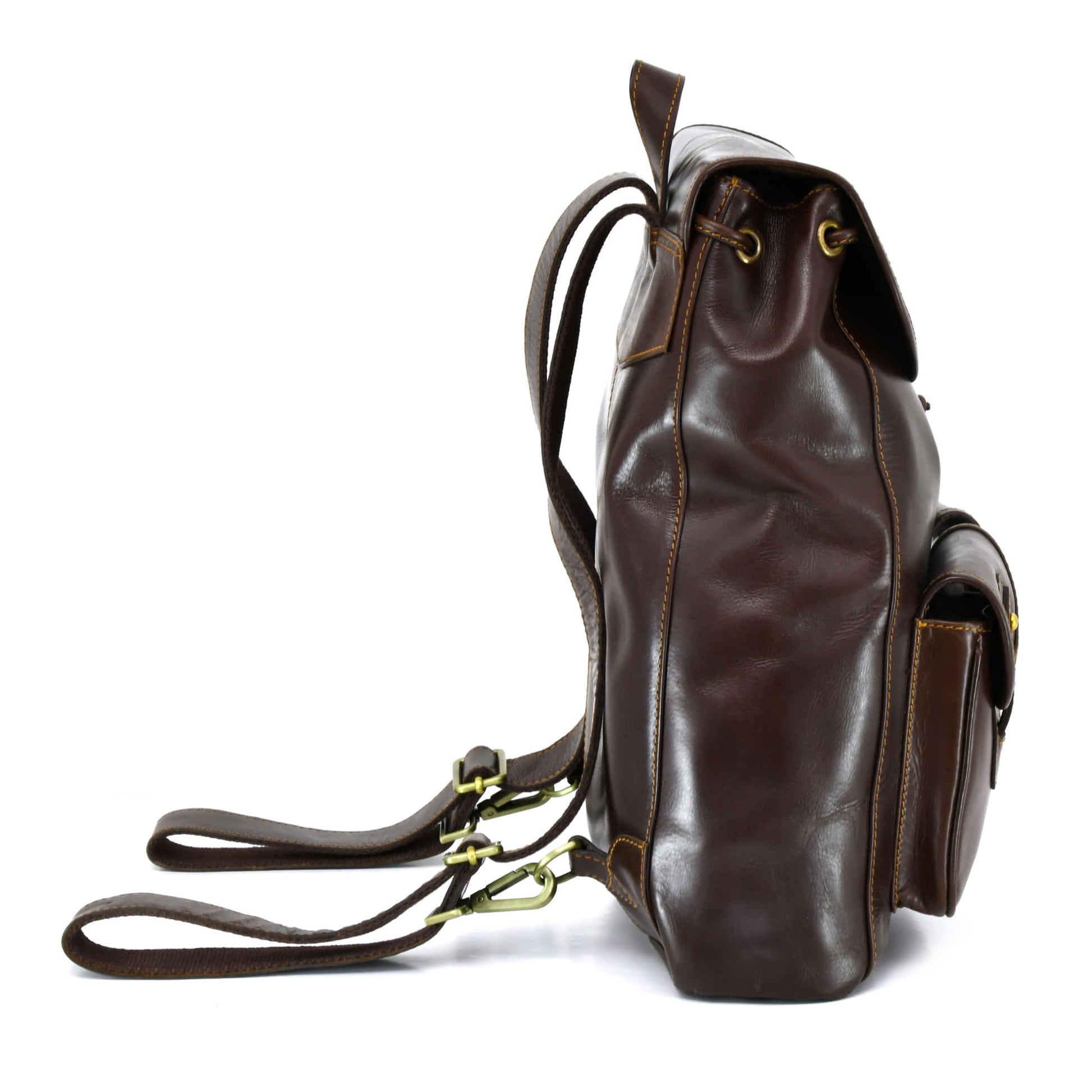 Style n Craft 392151 Backpack in Full Grain Dark Brown Leather, Medium Size - Side View Showing Adjustable Leather Shoulder Straps, 1 Front Pocket & Leather Hand Carry Strap