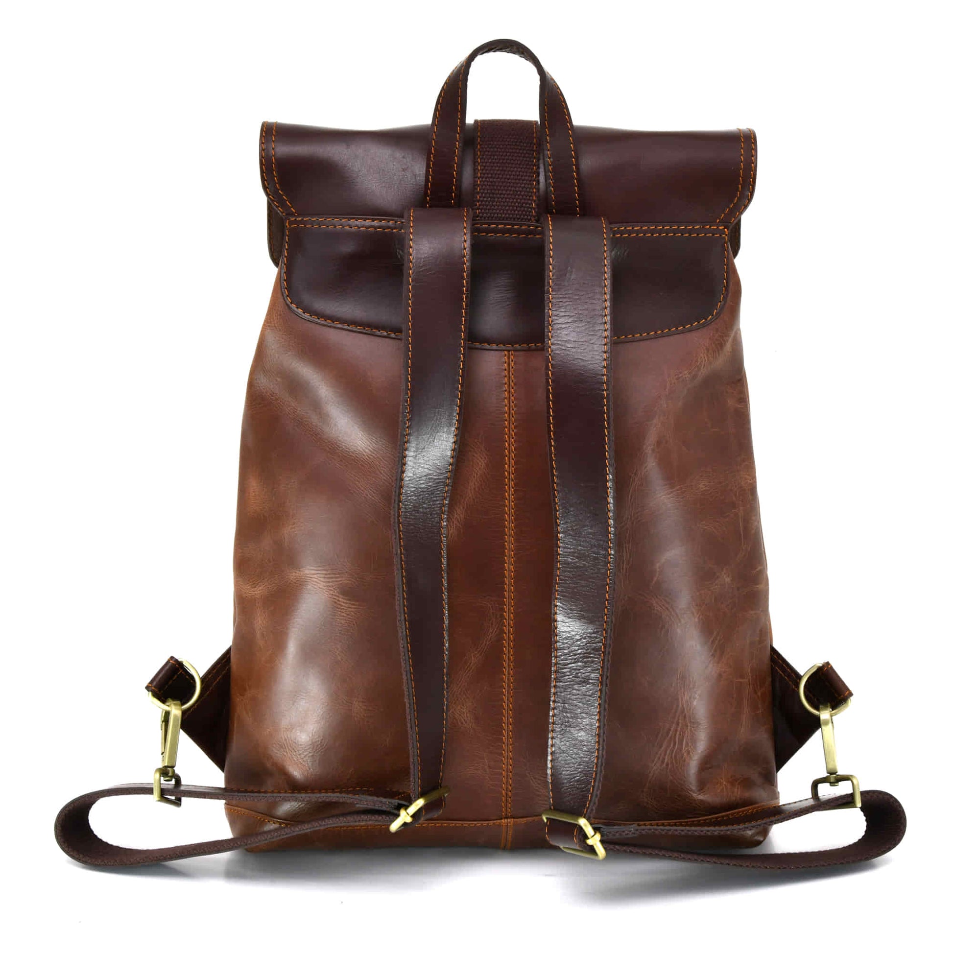 Style n Craft 392152 Tall Backpack in Light & Dark Brown Combination Full Grain Leather - Back view showing the adjustable leather shoulder straps & the hand carry leather handle in dark brown color 