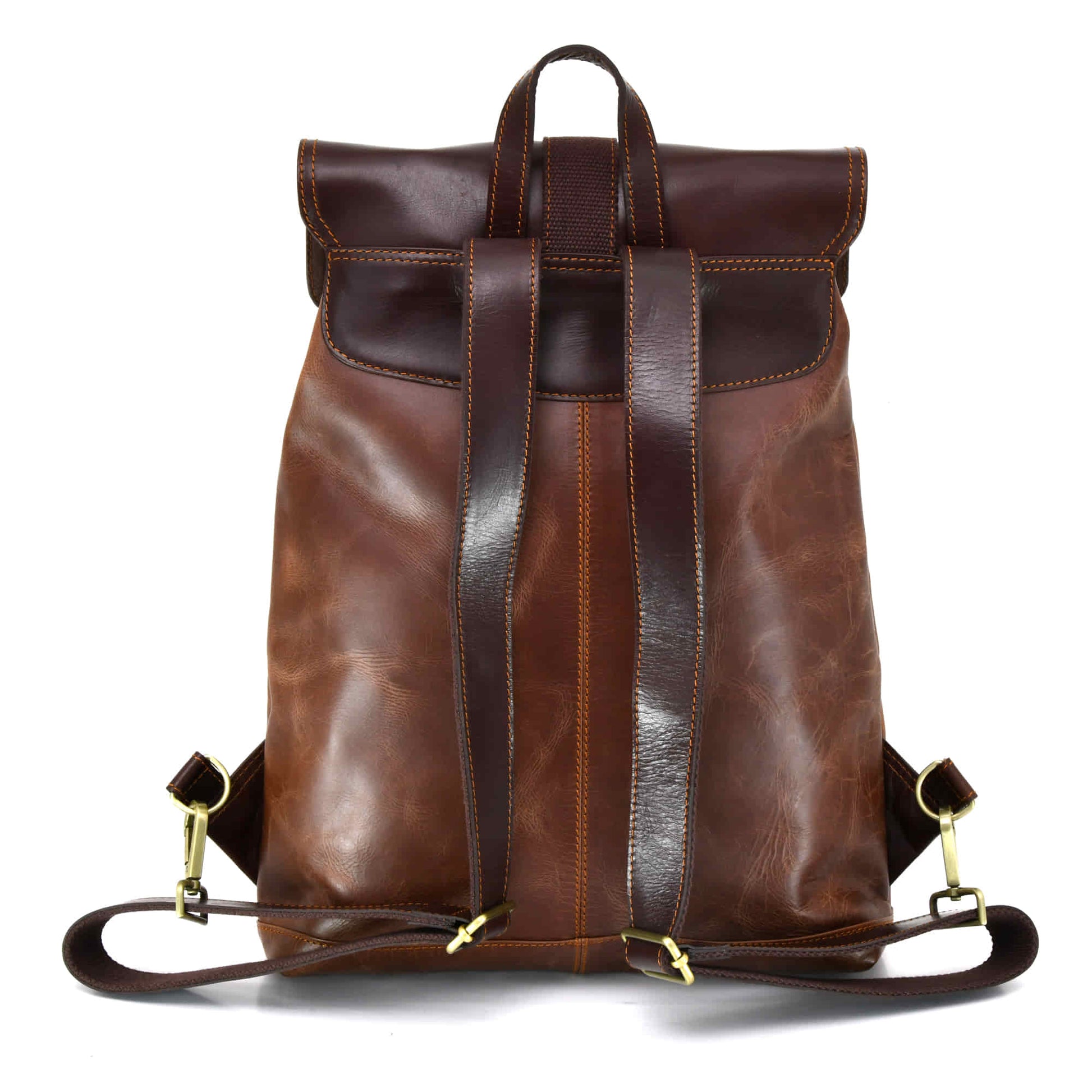 chocolate brown leather backpack 392152 Tall Backpack in Full Grain Leather with 1 Front Pocket | Light & Dark Brown Combination