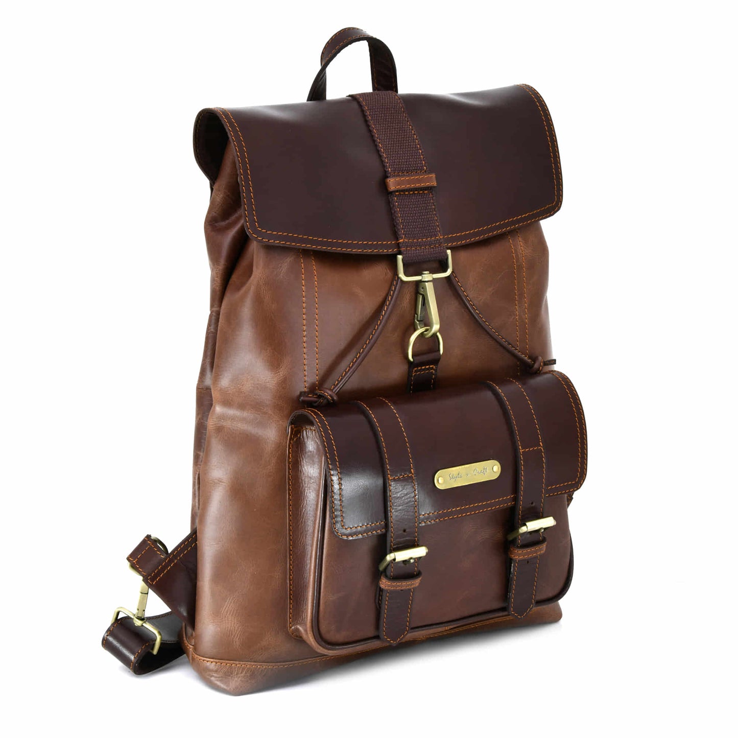 Style n Craft 392152 Tall Backpack in Light & Dark Brown Combination Full Grain Leather - Front angled view showing the main bag & front pocket in light brown crunch effect & the top handle, top flap and the front pocket flap of the bag in dark brown