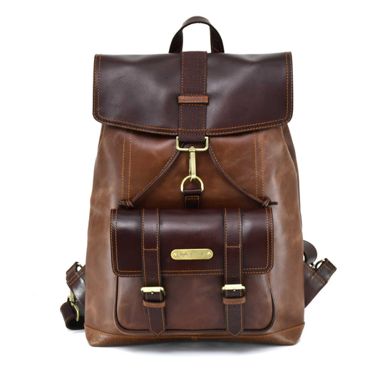 Style n Craft 392152 Tall Backpack in Light & Dark Brown Combination Full Grain Leather - Front view showing the main bag & front pocket in light brown crunch effect & the top handle, top flap and the front pocket flap of the bag in dark brown